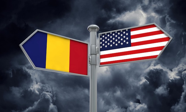 Vlag van Roemenië en Amerika bewegen in verschillende richting 3D-Rendering