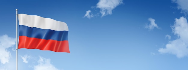 Vlag van Rusland driedimensionaal render geïsoleerd op een blauwe hemel Horizontale banner 3D illustratie