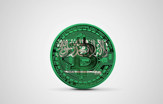 Vlag van Saoedi-Arabië op een bitcoin cryptocurrency munt d rendering