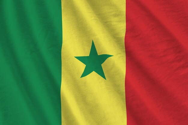 Vlag van Senegal met grote vouwen die dicht omhoog zwaaien onder het studiolicht binnenshuis de officiële symbolen en