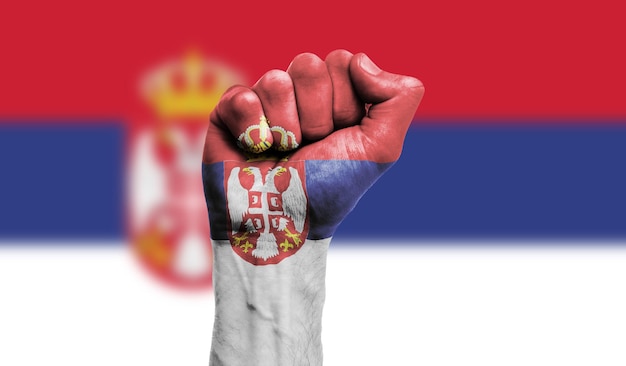 Vlag van Servië geschilderd op een gebalde vuist kracht protest concept