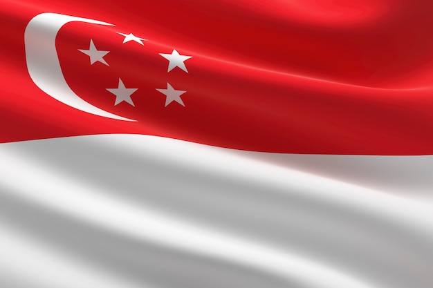 Vlag van Singapore. 3D-afbeelding van de Singaporese vlag zwaaien.