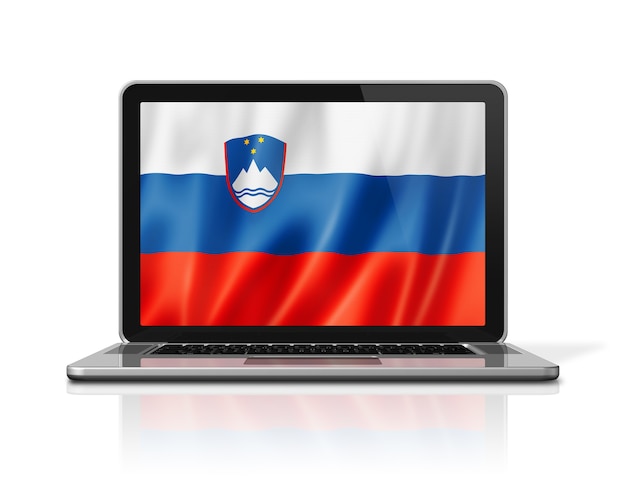 Vlag van Slovenië op laptop scherm geïsoleerd op wit. 3D illustratie geeft terug.