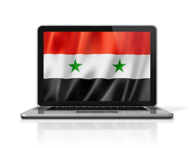 Vlag van Syrië op laptop scherm geïsoleerd op wit. 3D illustratie geeft terug.