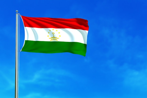 Vlag van Tadzjikistan op de blauwe hemel achtergrond 3D-rendering