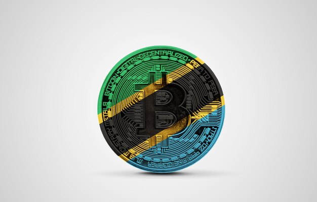 Vlag van Tanzania op een bitcoin cryptocurrency munt d rendering