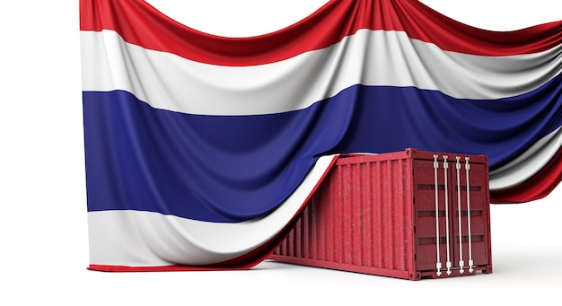 Vlag van Thailand gedrapeerd over een commerciële handelscontainer d rendering