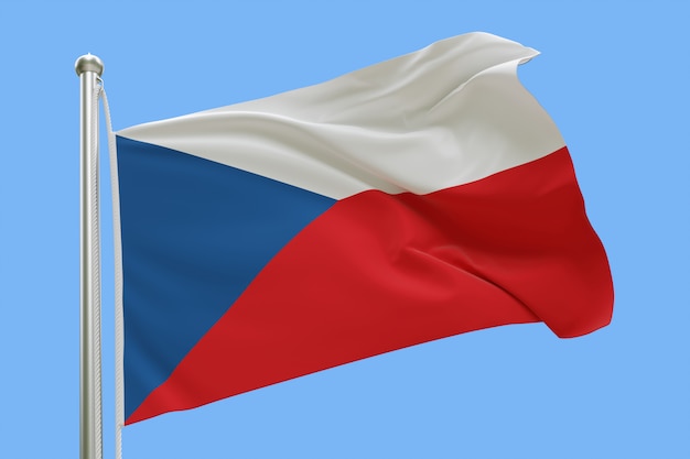 Vlag van Tsjechië op vlaggenmast zwaaien in de wind geïsoleerd op blauwe achtergrond