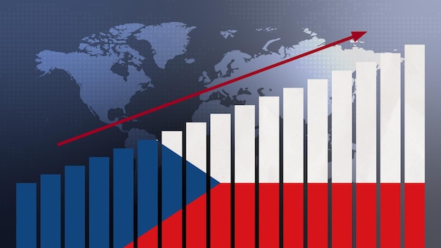 Foto vlag van tsjechische republiek op staafdiagramconcept met toenemende waarden economisch herstel en zakelijke verbetering na crisis en andere catastrofes naarmate economie en bedrijven weer heropenen