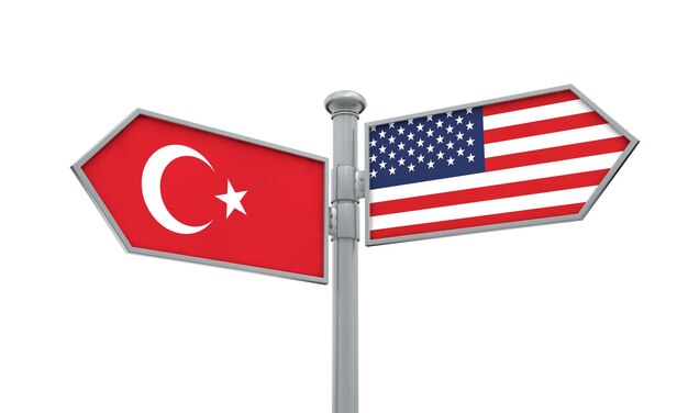 Vlag van Turkije en Amerika bewegen in verschillende richting 3D-Rendering