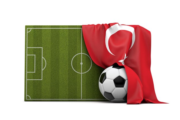 Vlag van Turkije gedrapeerd over een voetbal voetbalveld en bal 3D Rendering