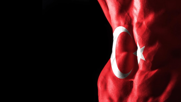 Vlag van Turkije op buikspieren nationale sporttraining, bodybuilding concept, zwarte achtergrond