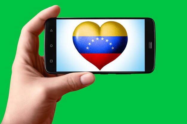 Vlag van Venezuela in de vorm van een hart op het telefoonscherm Smartphone in de hand