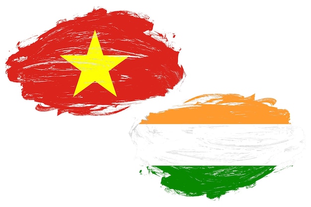 Vlag van Vietnam en India samen op een witte penseelachtergrond