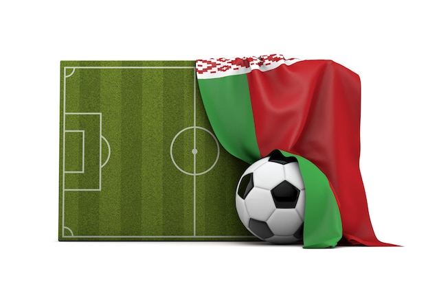 Vlag van Wit-Rusland gedrapeerd over een voetbal voetbalveld en bal 3D Rendering