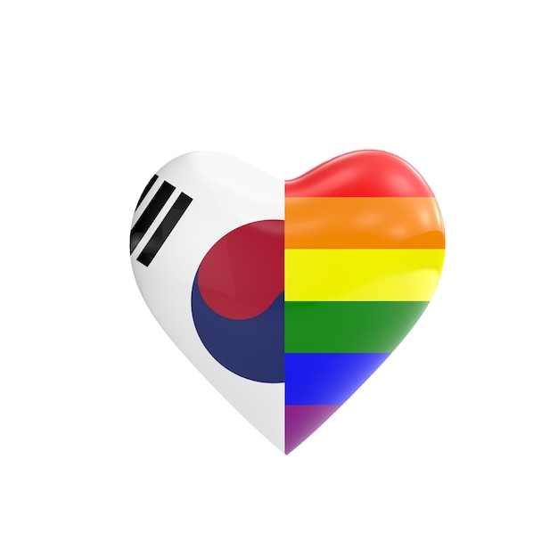 Vlag van Zuid-Korea en homo Lgbt regenboogvlag hart vorm Gay rechten concept 3D-Rendering