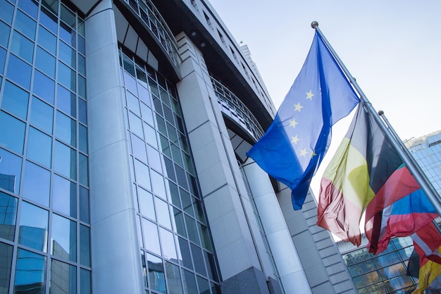 Vlaggen met het europees parlement in brussel, belgië