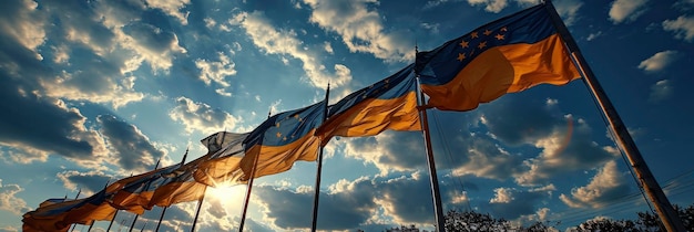 Vlaggen Oekraïne Europese Unie Kiev Geelblauwe achtergrondbeeld