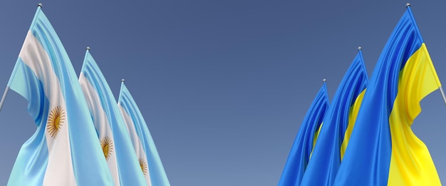 Vlaggen van Argentinië en Oekraïne op vlaggenmasten aan de zijkanten Vlaggen op een blauwe achtergrond Plaats voor tekst Onafhankelijke soevereine Oekraïne Drie Argentijnse vlaggen Commonwealth 3D illustratie