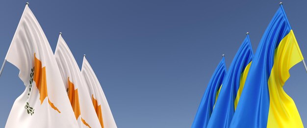 Vlaggen van Cyprus en Oekraïne op vlaggenmasten aan de zijkanten Vlaggen op een blauwe achtergrond Plaats voor tekst Onafhankelijke soevereine Oekraïne Drie vlaggen van Cyprus Europa 3D illustratie