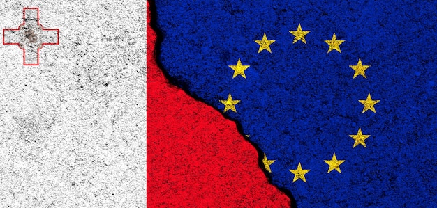 Vlaggen van de Europese Unie en Malta Relaties partnerschap en diplomatie Conflict en vrijheid concept EU-alliantie banner foto