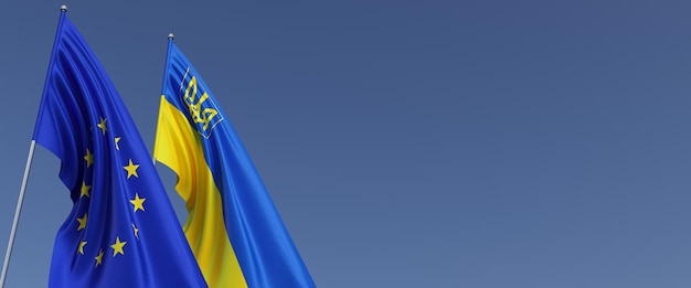 Vlaggen van de Europese Unie en Oekraïne op vlaggenmasten op een blauwe achtergrond Plaats voor tekst 3d illustratie