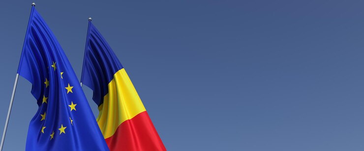 Vlaggen van de Europese Unie en Roemenië op vlaggenmasten aan de zijkant Vlaggen op een blauwe achtergrond Plaats voor tekst EU Roemeense 3d illustratie