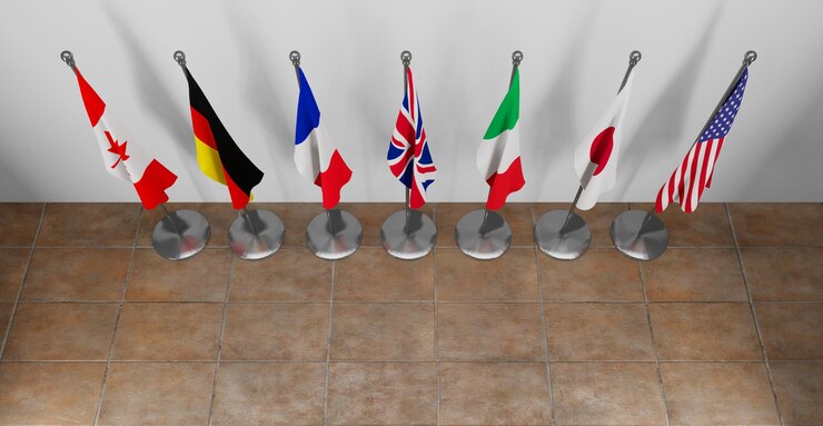 Foto vlaggen van de g7-top van leden van de g7-groep van zeven en landenlijst groep van zeven