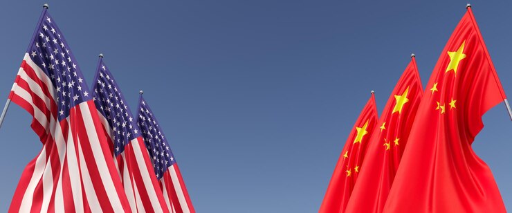 Vlaggen van de Verenigde Staten en China op vlaggenmasten aan de zijkanten Zes vlaggen op een blauwe achtergrond Amerika VS Washington Peking Hong Kong 3D illustratie