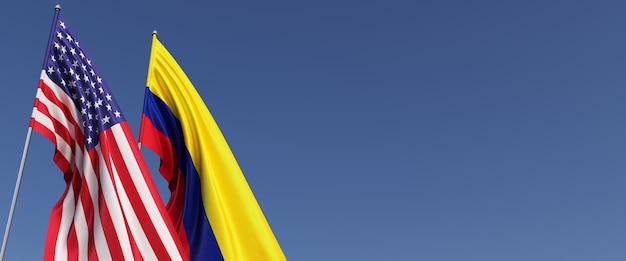Vlaggen van de Verenigde Staten en Colombia op vlaggenmasten aan de zijkant Vlaggen op een blauwe achtergrond Plaats voor tekst Verenigde Staten van Amerika Bogota Commonwealth 3D illustratie