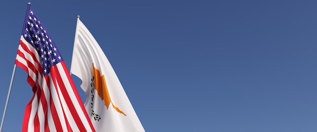 Vlaggen van de Verenigde Staten en Cyprus op vlaggenmasten aan de zijkant Vlaggen op een blauwe achtergrond Plaats voor tekst Verenigde Staten van Amerika Europa Gemenebest 3D illustratie