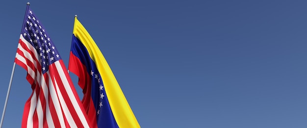 Vlaggen van de Verenigde Staten en Venezuela op vlaggenmasten aan de zijkant Vlaggen op een blauwe achtergrond Plaats voor tekst Verenigde Staten van Amerika Zuid-Amerika Gemenebest 3D illustratie