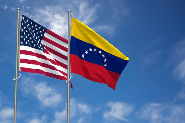Vlaggen van de Verenigde Staten van Amerika en de Bolivariaanse Republiek Venezuela over blauwe hemelachtergrond 3D illustratie
