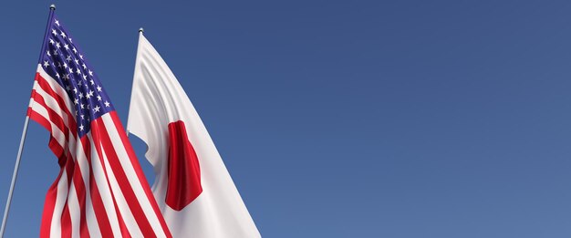 Vlaggen van de VS en Japan op vlaggenmasten aan de zijkant Vlaggen op een blauwe achtergrond Plaats voor tekst Verenigde Staten van Amerika Tokyo Azië Commonwealth 3D illustratie