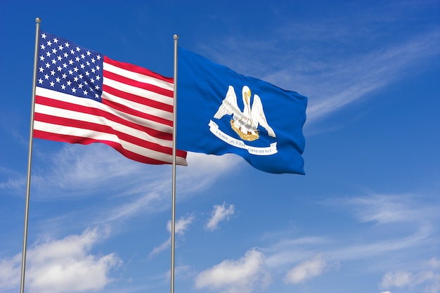 Vlaggen van de VS en Louisiana over blauwe hemelachtergrond. 3D illustratie