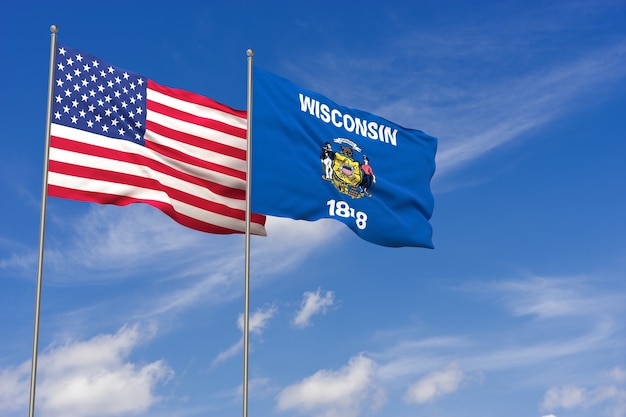 Vlaggen van de VS en Wisconsin over blauwe hemelachtergrond. 3D illustratie