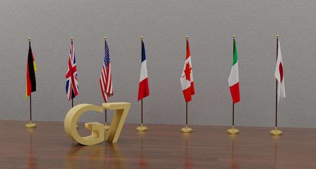 Vlaggen van G7-landen Alle officiële nationale vlaggen van G7 Canada Frankrijk Duitsland Italië Japan het Verenigd Koninkrijk de Verenigde Staten van Amerika 3D-werk en 3D-illustratie