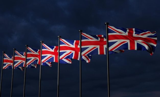 Vlaggen van het Verenigd Koninkrijk Vlag van het Verenigd Koninkrijk met donkere lucht en wolken Vlaggen achtergrond
