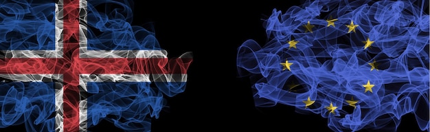 Vlaggen van IJsland en EU IJsland versus Europese Unie Rookvlaggen