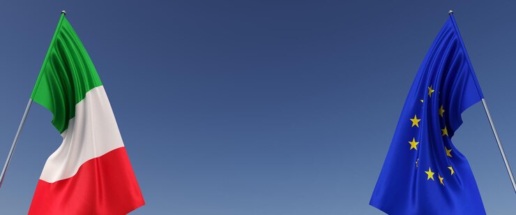 Vlaggen van Italië en de Europese Unie op vlaggenmasten aan zijkanten Vlaggen op een blauwe achtergrond Plaats voor tekst Italiaans Rome EU 3d illustratie