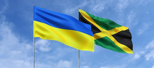 Vlaggen van Oekraïne en Jamaica op de vlaggenmast in het centrum Vlaggen wapperen in de wind tegen een blauwe hemel Oekraïens Kiev Kingston 3d illustratie