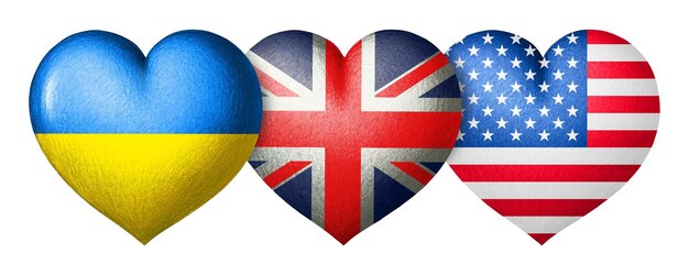 Vlaggen van Oekraïne Groot-Brittannië en de VS Drie harten in de kleuren van vlaggen op wit wordt geïsoleerd