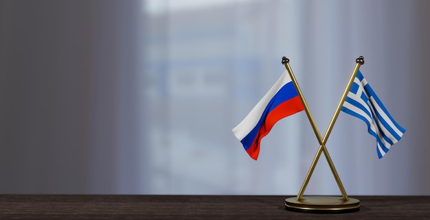 Vlaggen van Rusland en Griekenland op tafel Onderhandeling tussen Griekenland en Rusland op weinig wazige achtergrond 3D-werk en 3D-beeld