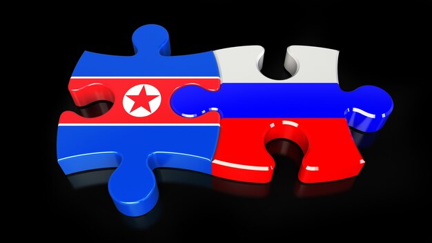 Vlaggen van Rusland en Noord-Korea op puzzelstukjes. Politiek relatieconcept. 3D-rendering