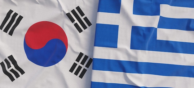 Vlaggen van Zuid-Korea en Griekenland Linnen vlag close-up Vlag gemaakt van canvas Koreaans Seoel Griekse staat nationale symbolen 3d illustratie