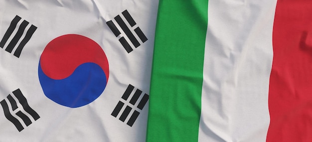 Vlaggen van Zuid-Korea en Italië Linnen vlag close-up Vlag gemaakt van canvas Koreaans Seoel Italiaanse staat nationale symbolen 3d illustratie