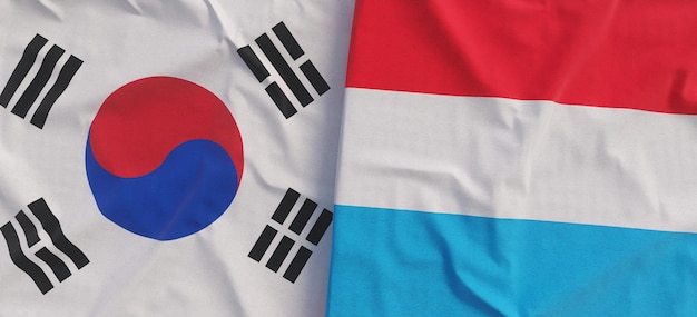 Vlaggen van Zuid-Korea en Luxemburg Linnen vlag close-up Vlag gemaakt van canvas Koreaans Seoel Hertogdom staat nationale symbolen 3d illustratie