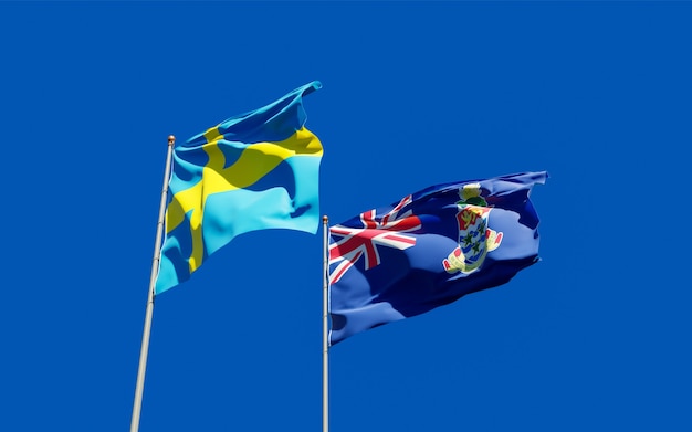Vlaggen van Zweden en Kaaimaneilanden. 3D-illustraties