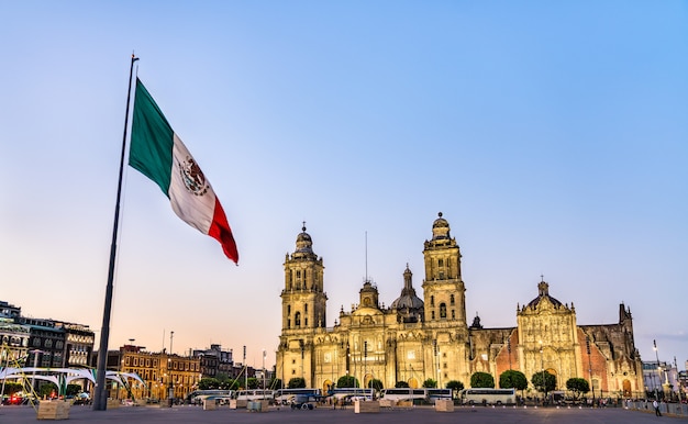 Vlaggenmast en de Metropolitan Cathedral of the Assumption of Virgin Mary in Mexico City, de hoofdstad van Mexico