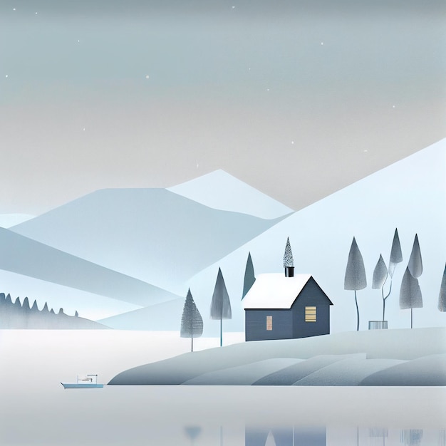 Vlak landschap met een besneeuwde achtergrond Heldere blauwe lucht met sneeuwbanken Cartoon wallpaper